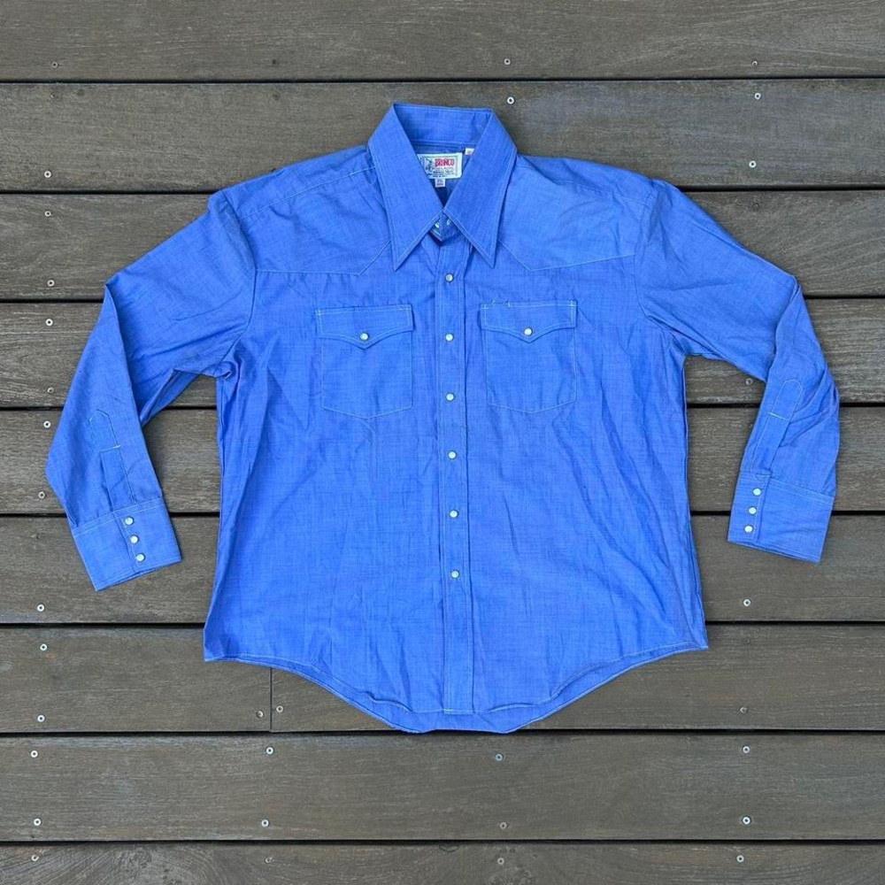 Vintage Blue Pearl Snap Bronco Long Sleeve Button Down Shirt Cowboy Western